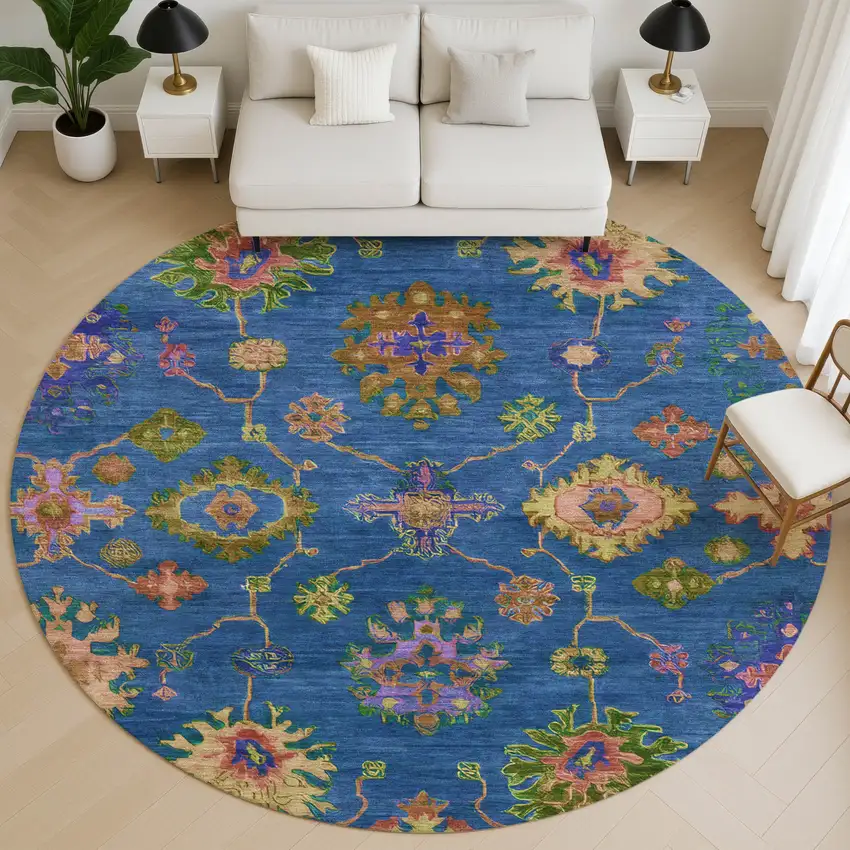 8' Blue And Green Oriental Washable Round Rug With UV Protection Photo 5