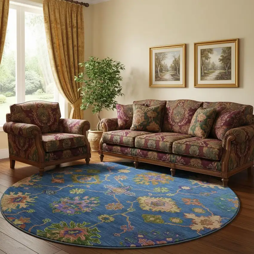 8' Blue And Green Oriental Washable Round Rug With UV Protection Photo 2