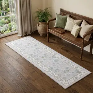 Photo of 7' Blue And Green Oriental Washable Runner Rug