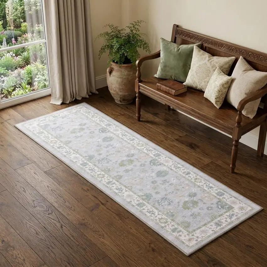 7' Blue And Green Oriental Washable Runner Rug Photo 1