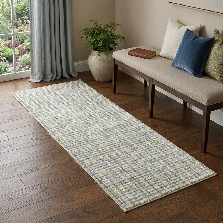 7' Blue And Green Plaid Runner Rug Photo 1