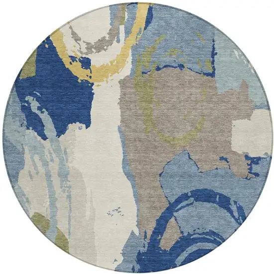 8' Blue And Green Round Abstract Washable Indoor Outdoor Area Rug Photo 5