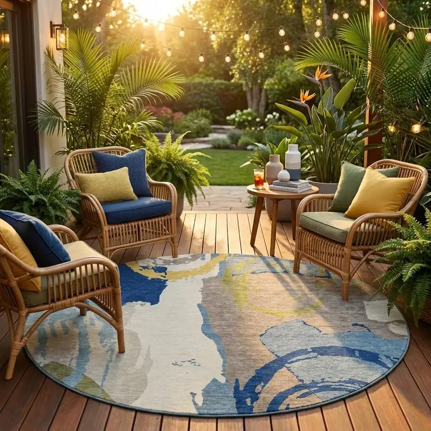 8' Blue And Green Round Abstract Washable Indoor Outdoor Area Rug Photo 1