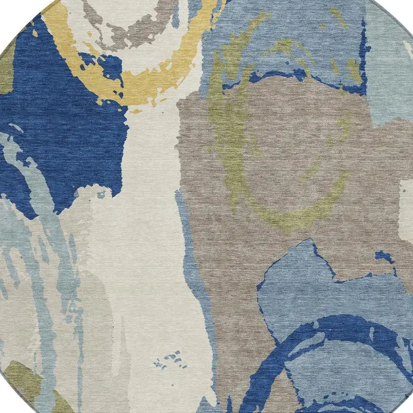 8' Blue And Green Round Abstract Washable Indoor Outdoor Area Rug Photo 2