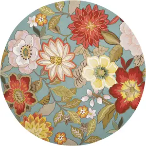 Photo of 8' Blue And Green Round Floral Hand Hooked Handmade Area Rug