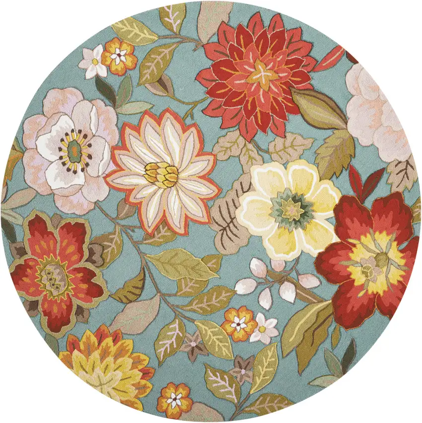 8' Blue And Green Round Floral Hand Hooked Handmade Area Rug Photo 1