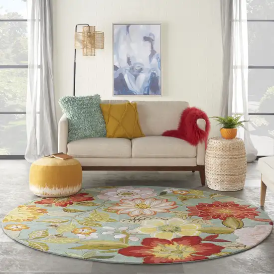 8' Blue And Green Round Floral Hand Hooked Handmade Area Rug Photo 9