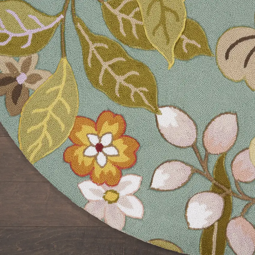 8' Blue And Green Round Floral Hand Hooked Handmade Area Rug Photo 6