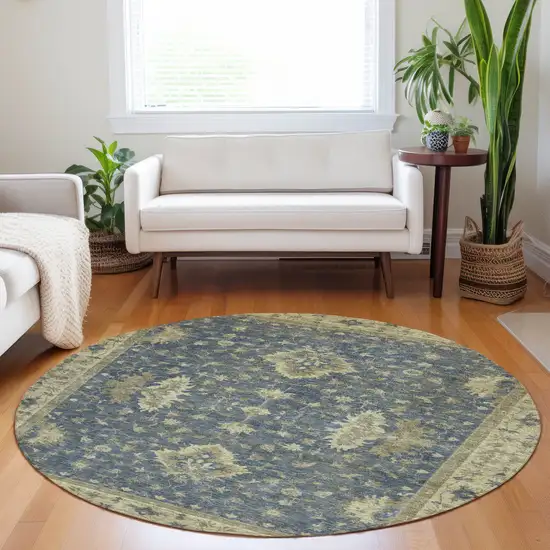 8' Blue And Green Round Floral Washable Indoor Outdoor Area Rug Photo 6