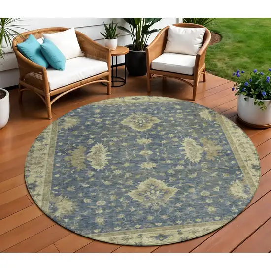 8' Blue And Green Round Floral Washable Indoor Outdoor Area Rug Photo 2