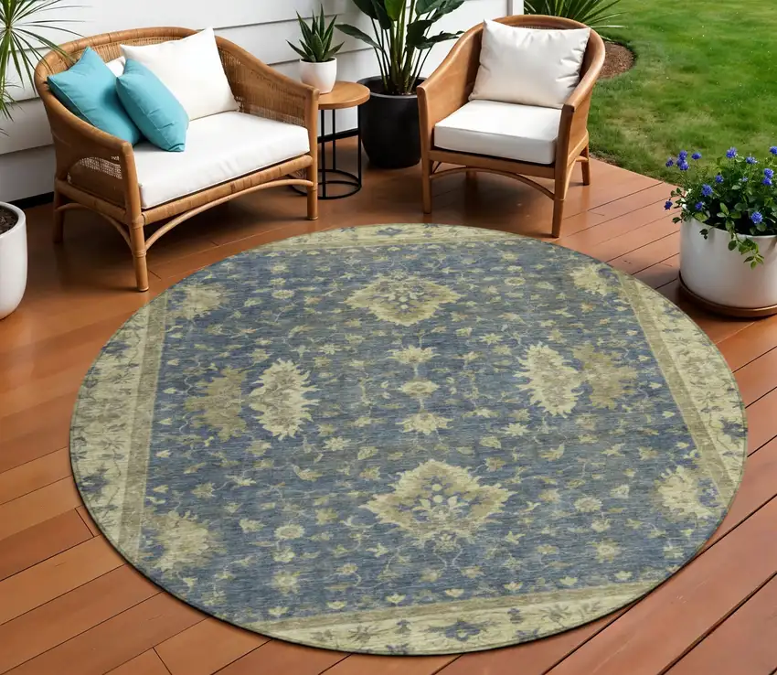 8' Blue And Green Round Floral Washable Indoor Outdoor Area Rug Photo 2