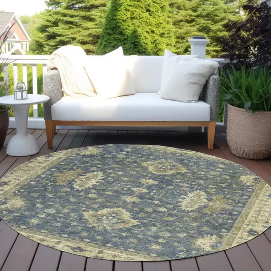 8' Blue And Green Round Floral Washable Indoor Outdoor Area Rug Photo 5