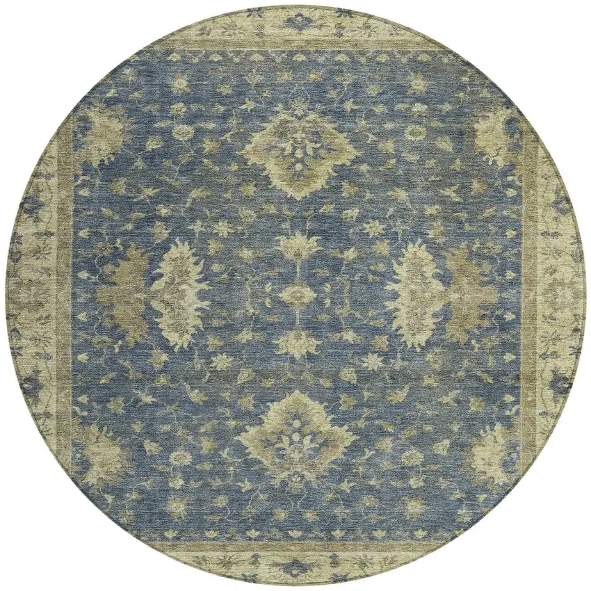 8' Blue And Green Round Floral Washable Indoor Outdoor Area Rug Photo 3