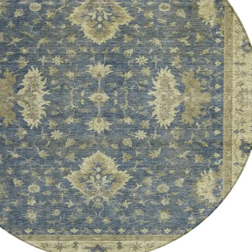 8' Blue And Green Round Floral Washable Indoor Outdoor Area Rug Photo 4