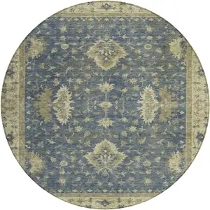 Photo of 8' Blue And Green Round Floral Washable Indoor Outdoor Area Rug