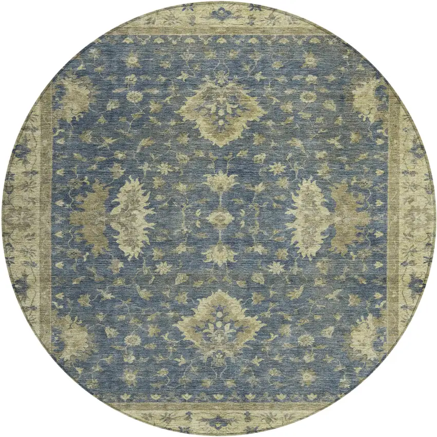 8' Blue And Green Round Floral Washable Indoor Outdoor Area Rug Photo 1