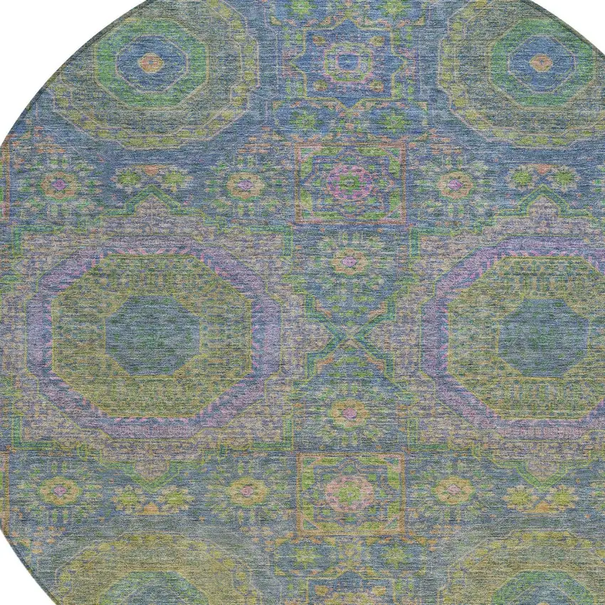 8' Blue And Green Round Medallion Washable Indoor Outdoor Area Rug Photo 9