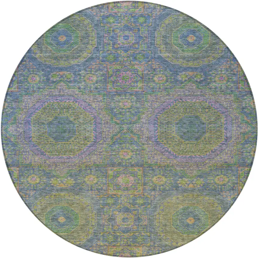 8' Blue And Green Round Medallion Washable Indoor Outdoor Area Rug Photo 3