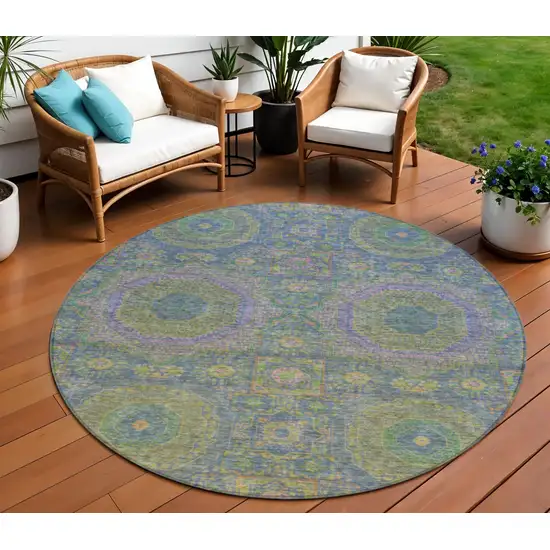 8' Blue And Green Round Medallion Washable Indoor Outdoor Area Rug Photo 2