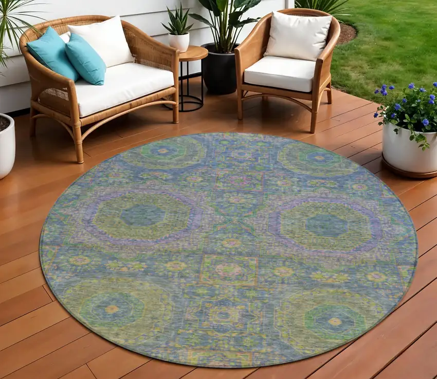 8' Blue And Green Round Medallion Washable Indoor Outdoor Area Rug Photo 2