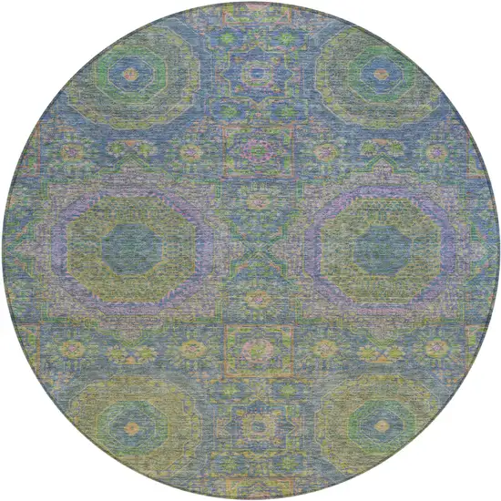 8' Blue And Green Round Medallion Washable Indoor Outdoor Area Rug Photo 1
