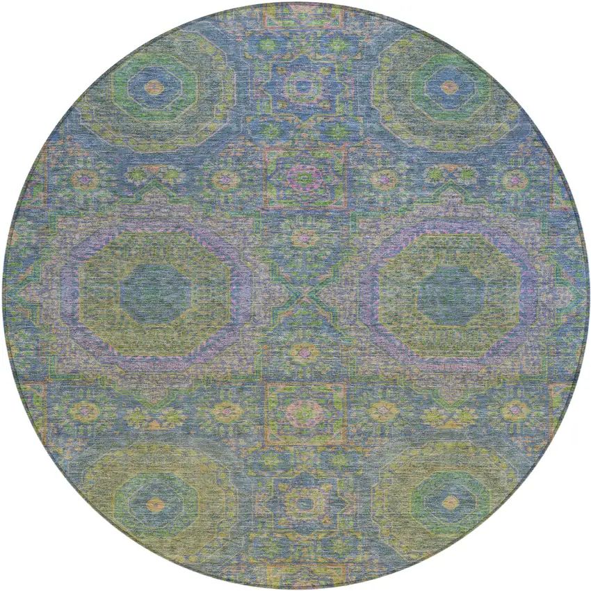 8' Blue And Green Round Medallion Washable Indoor Outdoor Area Rug Photo 1