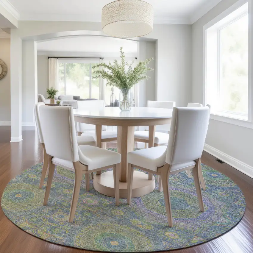 8' Blue And Green Round Medallion Washable Indoor Outdoor Area Rug Photo 6