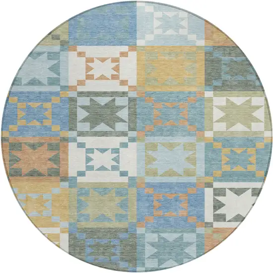 8' Blue And Green Round Patchwork Washable Indoor Outdoor Area Rug Photo 1