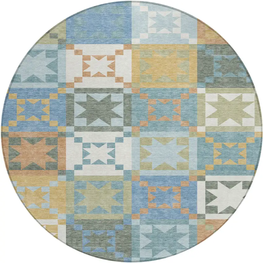 8' Blue And Green Round Patchwork Washable Indoor Outdoor Area Rug Photo 1
