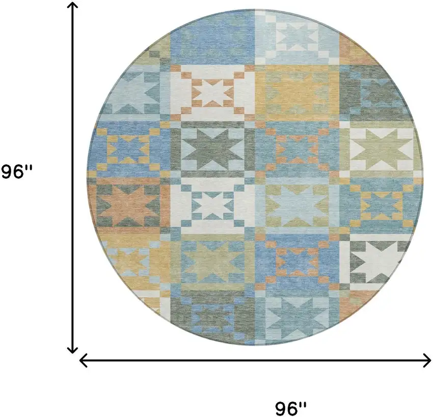 8' Blue And Green Round Patchwork Washable Indoor Outdoor Area Rug Photo 8