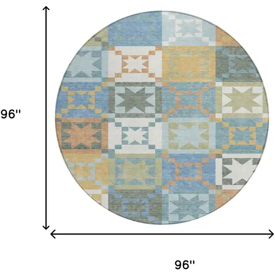 8' Blue And Green Round Patchwork Washable Indoor Outdoor Area Rug Photo 8