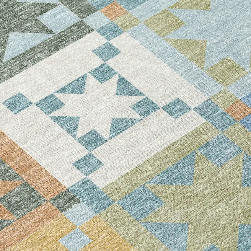 8' Blue And Green Round Patchwork Washable Indoor Outdoor Area Rug Photo 7