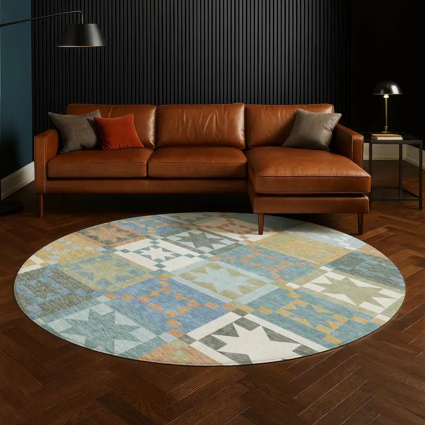 8' Blue And Green Round Patchwork Washable Indoor Outdoor Area Rug Photo 5