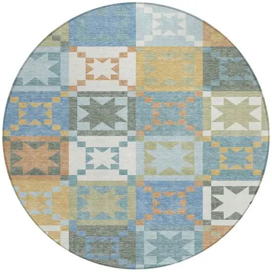 8' Blue And Green Round Patchwork Washable Indoor Outdoor Area Rug Photo 2
