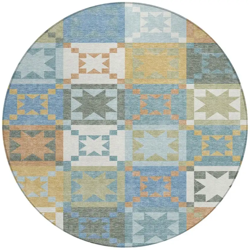 8' Blue And Green Round Patchwork Washable Indoor Outdoor Area Rug Photo 2