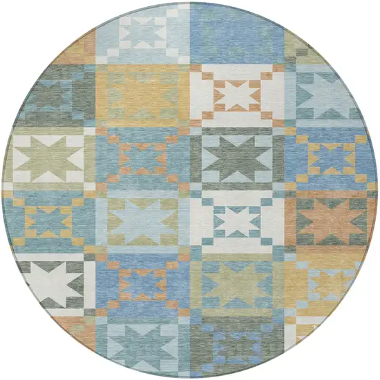 8' Blue And Green Round Patchwork Washable Indoor Outdoor Area Rug Photo 3