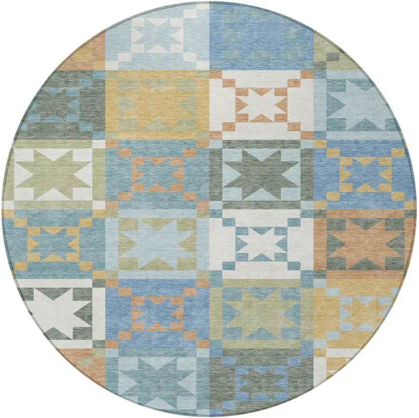 8' Blue And Green Round Patchwork Washable Indoor Outdoor Area Rug Photo 3
