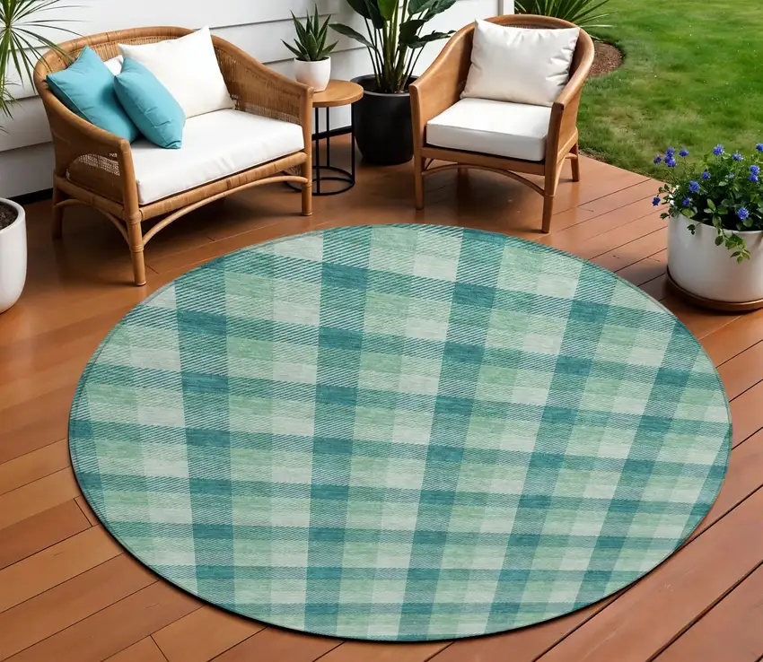 8' Blue And Green Round Plaid Washable Indoor Outdoor Area Rug Photo 1