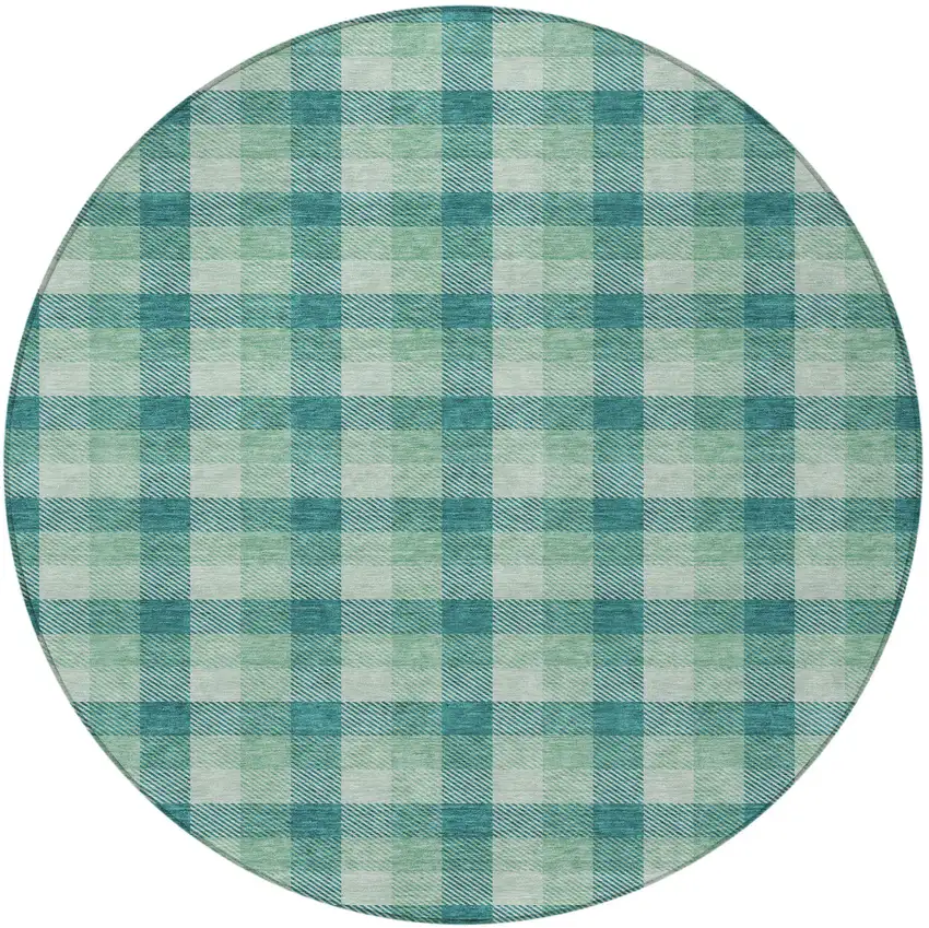 8' Blue And Green Round Plaid Washable Indoor Outdoor Area Rug Photo 5