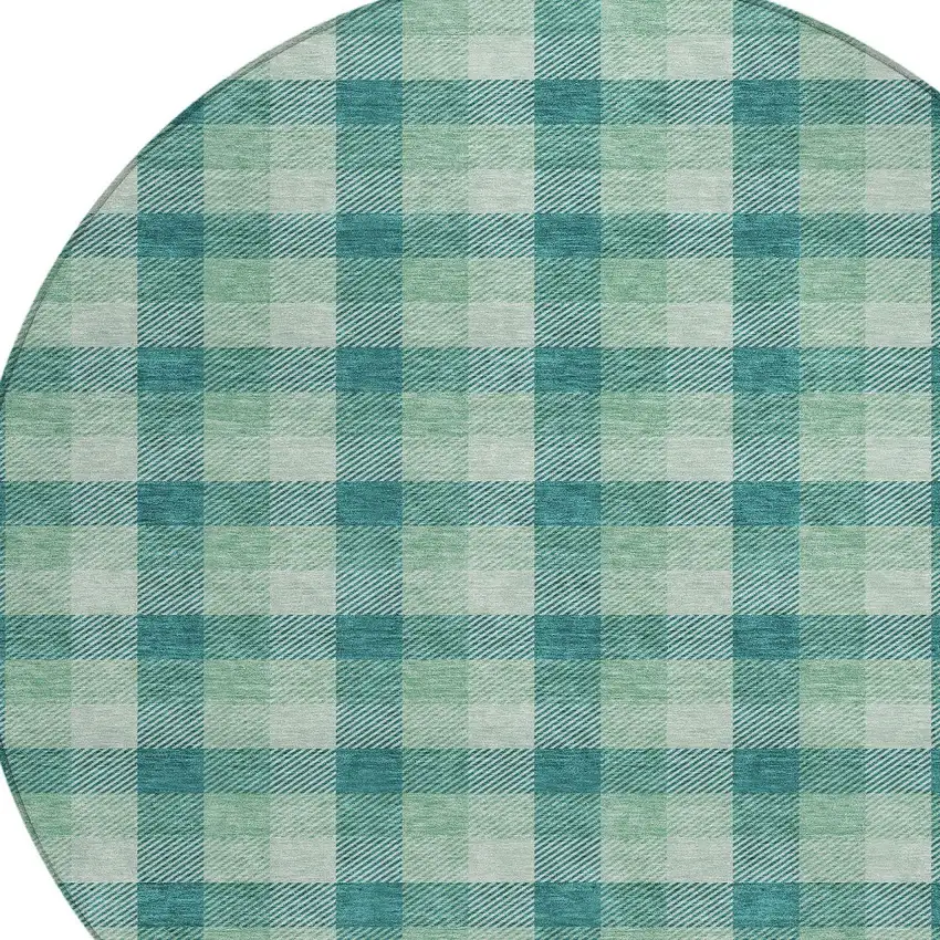 8' Blue And Green Round Plaid Washable Indoor Outdoor Area Rug Photo 4