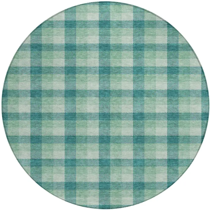 8' Blue And Green Round Plaid Washable Indoor Outdoor Area Rug Photo 2