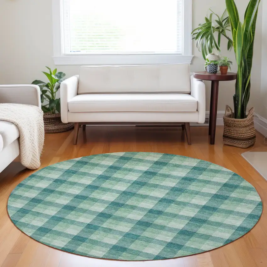 8' Blue And Green Round Plaid Washable Indoor Outdoor Area Rug Photo 7