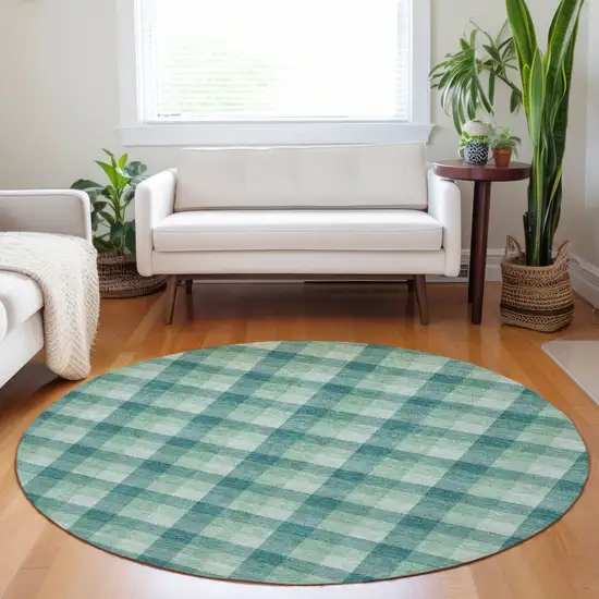 8' Blue And Green Round Plaid Washable Indoor Outdoor Area Rug Photo 7