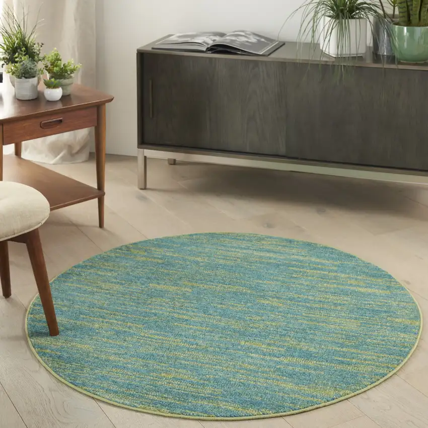 4' Blue And Green Round Indoor Outdoor Area Rug Photo 8