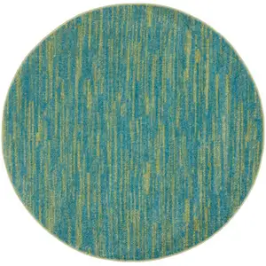Photo of 4' Blue And Green Round Striped Non Skid Indoor Outdoor Area Rug