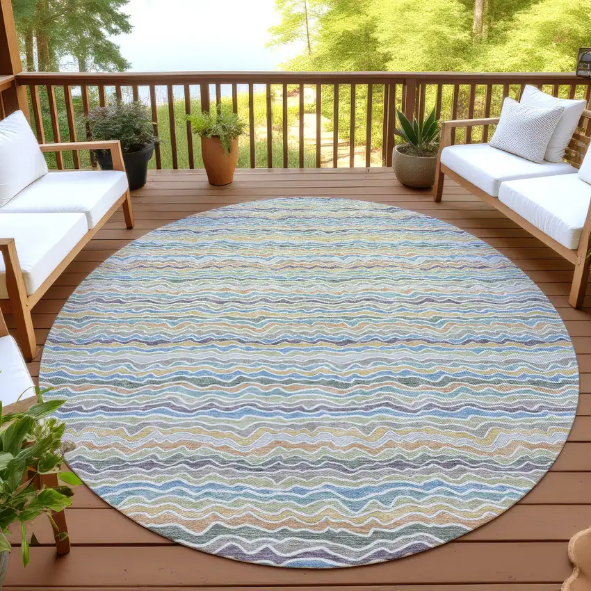 8' Blue And Green Round Striped Washable Indoor Outdoor Area Rug Photo 4