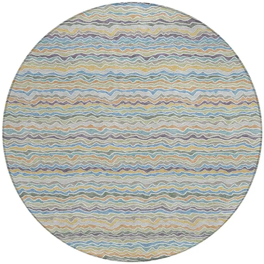 8' Blue And Green Round Striped Washable Indoor Outdoor Area Rug Photo 3