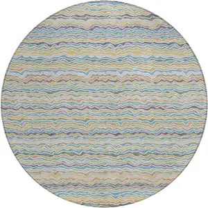 Photo of 8' Blue And Green Round Striped Washable Indoor Outdoor Area Rug