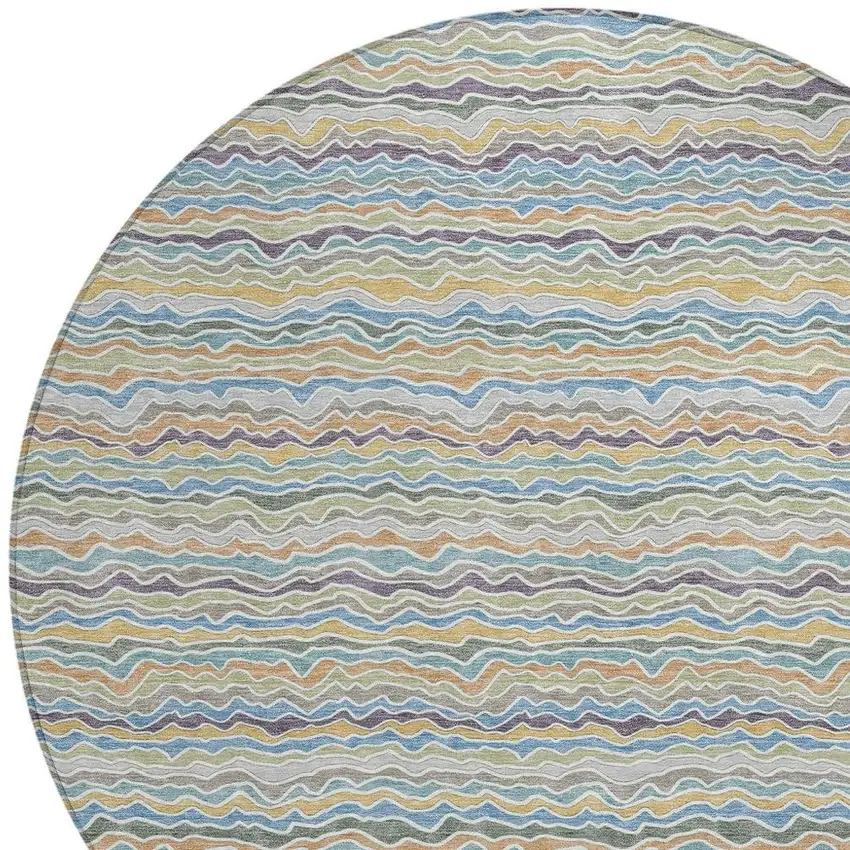 8' Blue And Green Round Striped Washable Indoor Outdoor Area Rug Photo 2