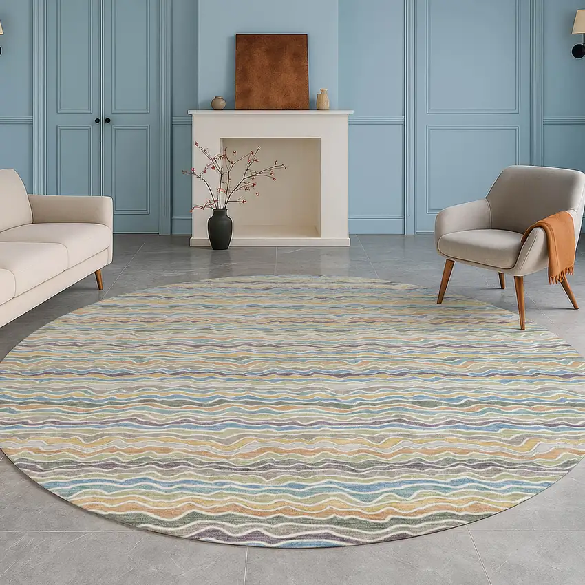8' Blue And Green Round Striped Washable Indoor Outdoor Area Rug Photo 5